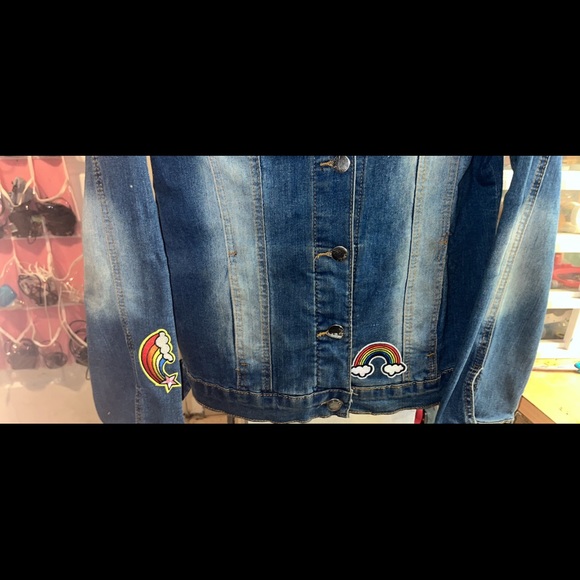 Pride blue denim / jean Spring jacket women’s XL rainbow necklace $6.99 shipping - Picture 3 of 8